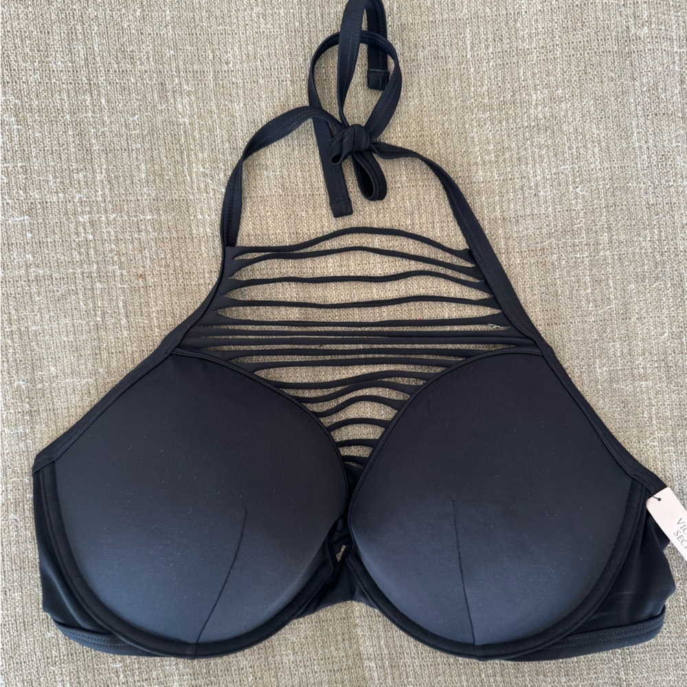 Victoria's Secret Black Strappy High Neck Bikini Top with Molded Cups